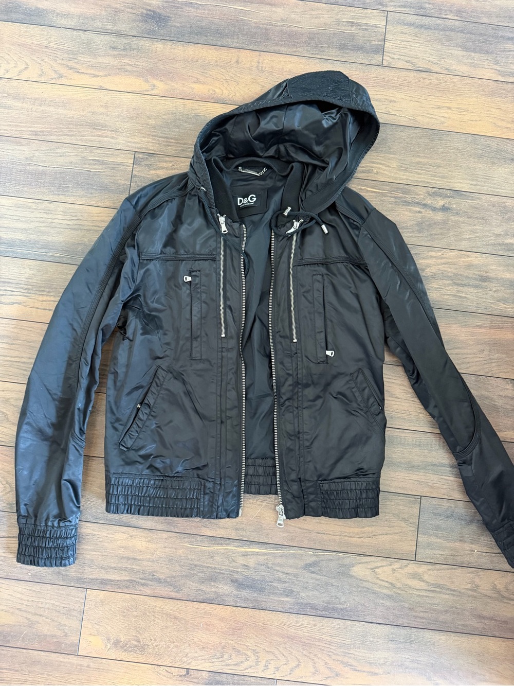 D&G Black Hooded Bomber Jacket with Silver Accents